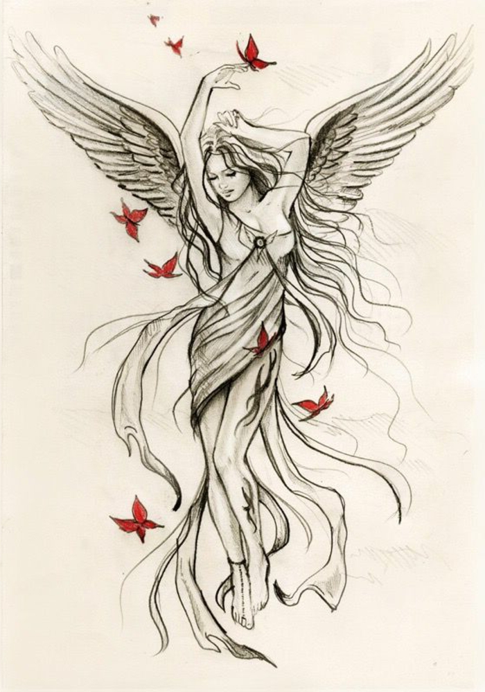 hier finden sie noch eine idee für engelsflügel tattoo für frauen - hier ist ein tanzender engel mit weißen flügeln mit langen federn und schmetterlingen 