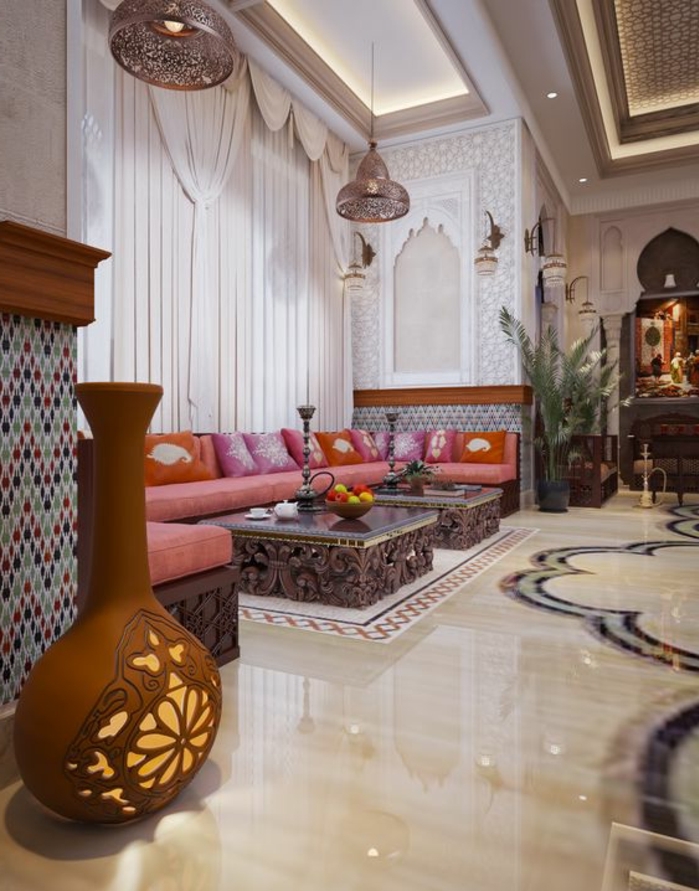 orientalisch wohnen typische elemente im orientalischen haus vorhänge dekorationen auf den tischen holz und marmor