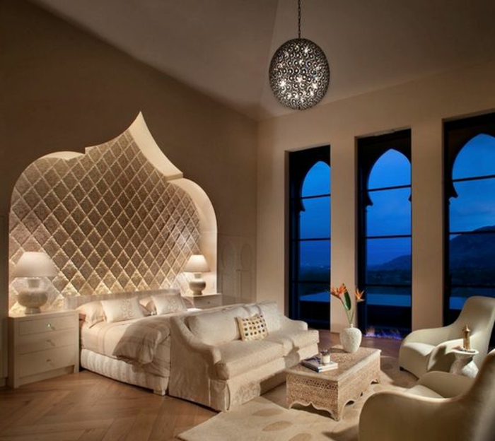 orientalische stoffe große fenster lampen bett design weises schlafzimmer lampen luxusdesign traumhaft
