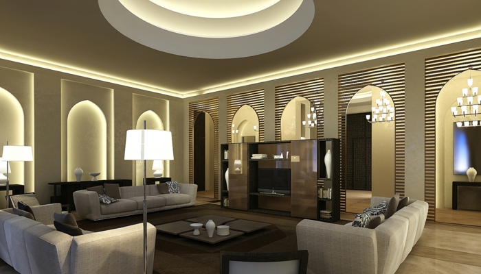 deko orientalisch großer raum lampen sofas tisch regal schrank großes wohnzimmer ideen für beleuchtung 