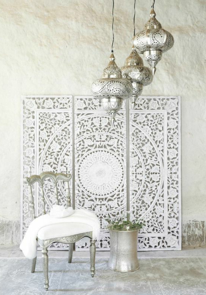 orientalisch einrichten ideen in weiß und silbern mandala wanddeko wandbilder marokkanische lampen design