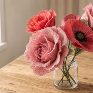 Papierblumen basteln: Rosen und Mohnblumen in Glasvase, Nahaufnahme