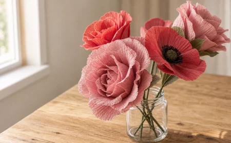 Papierblumen basteln: Rosen und Mohnblumen in Glasvase, Nahaufnahme
