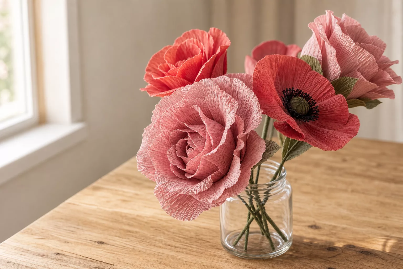 Papierblumen basteln: Rosen und Mohnblumen in Glasvase, Nahaufnahme