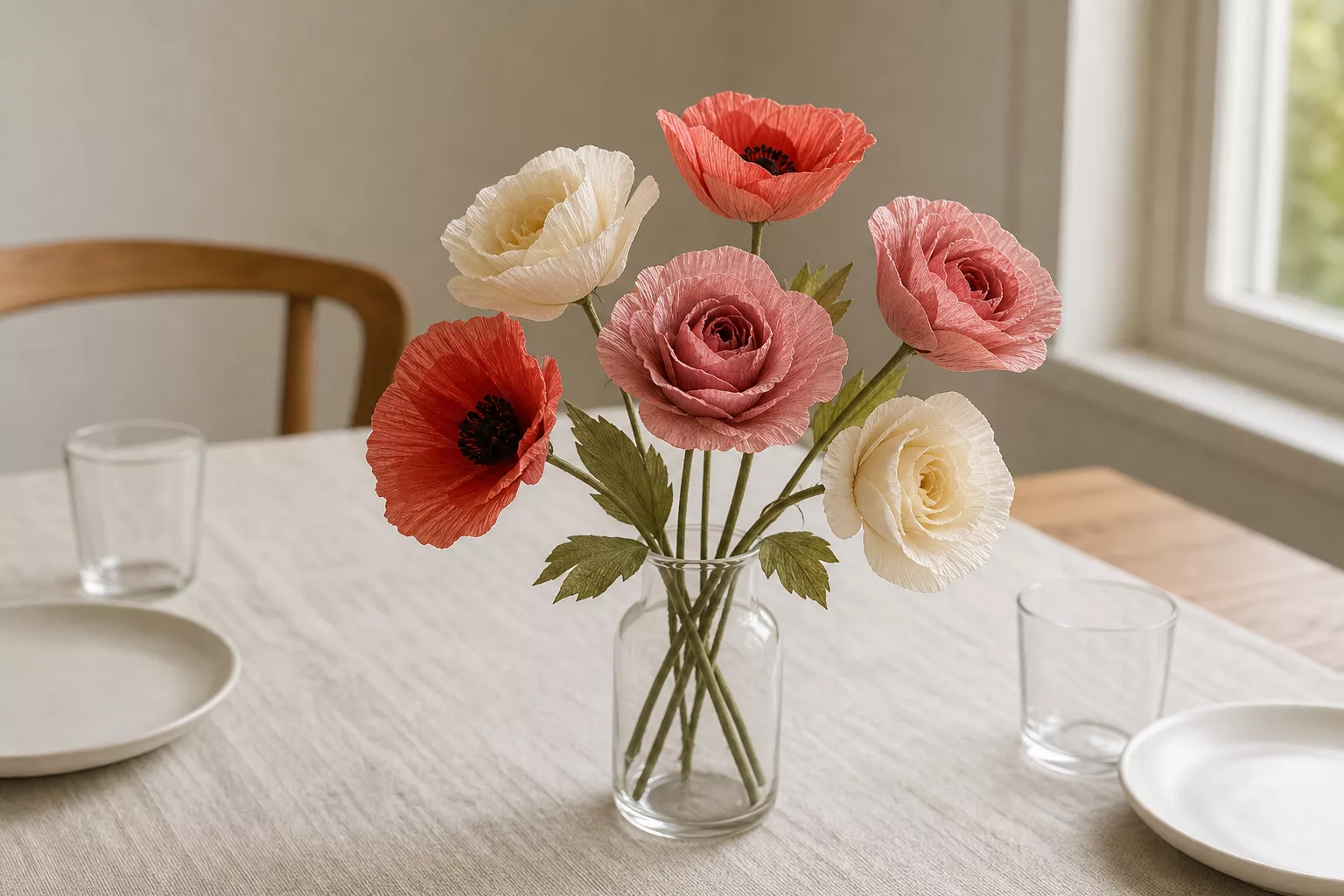 Papierblumen basteln als Tischdeko: Strauß auf gedecktem Esstisch