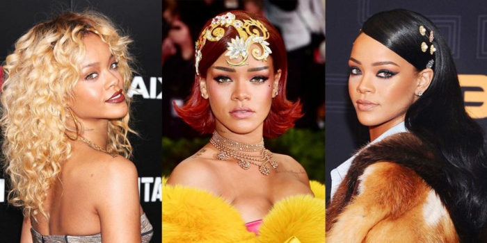 drei der besten Rihanna Frisuren mit exklusiven Bekleidung - blond, schwarz und rot