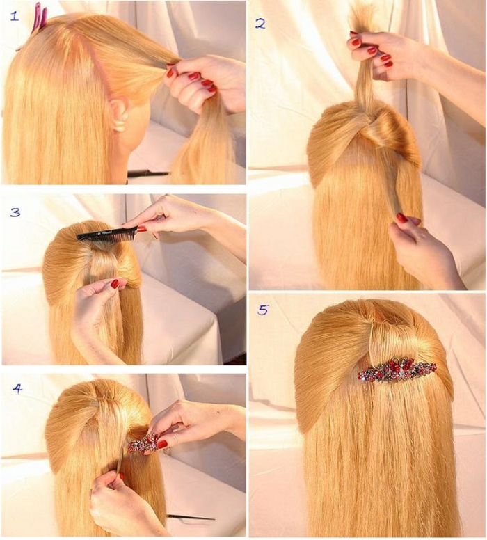 Abendfrisuren Schritt-für-Schritt Anleitung für lange Haare, Steckfrisur mit Haarspange mit roten Kristallen