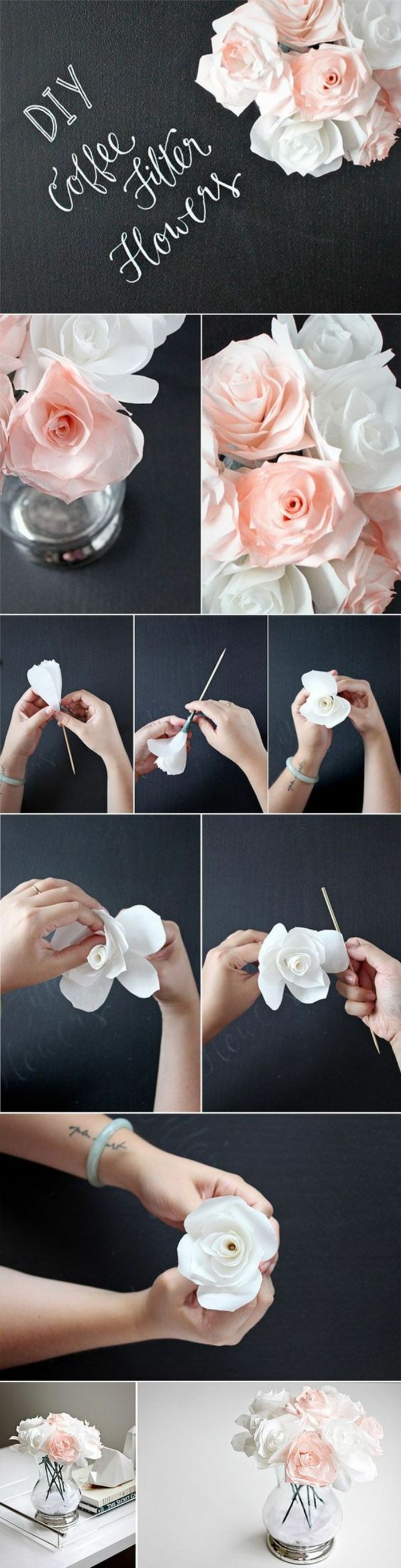 glasvase, rosen aus papier, papierblumen selber machen