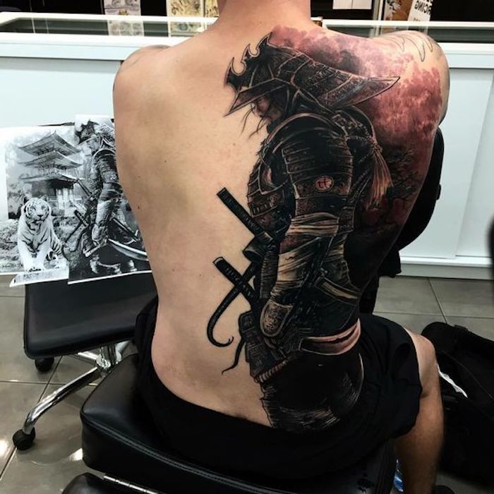 samurai tattoo, zeichnung, tiger, rücken, rückentattoo