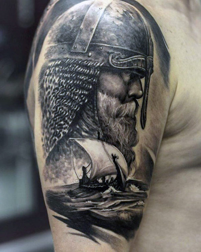 viking tattoo, kopf, kämpfer, wikinger, helm, schiff