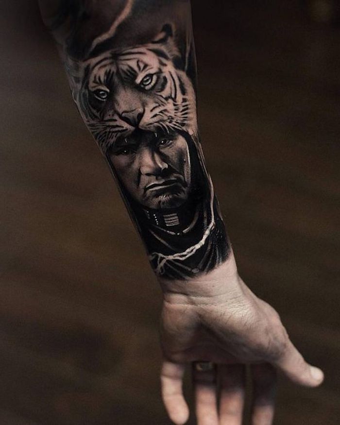 tiger tattoo, arm, mann, tigerkopf, armtattoo