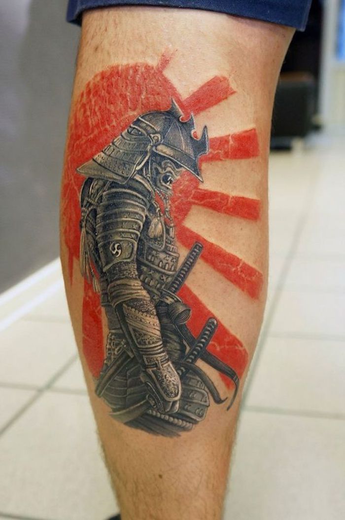kämpfer tattoo, bein, beintattoo, rote sonne, samurai
