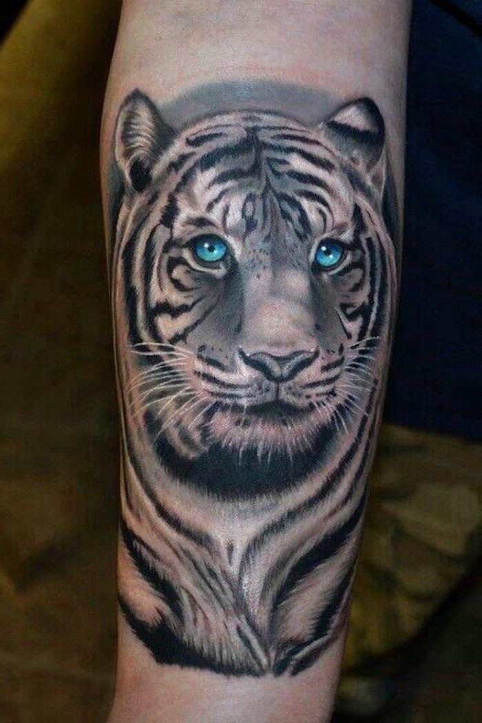 tigerkopf tattoo, weißer tiger mit blauen augen, tätowierung in schwarz und weiß