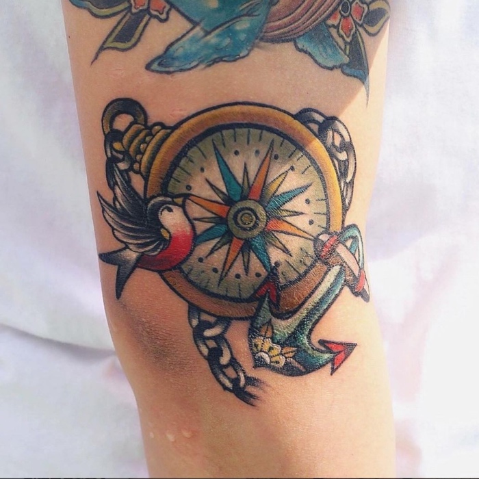 hier zeigen wir ihnen eine unserer tollen ideen für einen sehr schönen tattoo mit einem kompass und vogel und anker - eine tätowierung auf der hand 