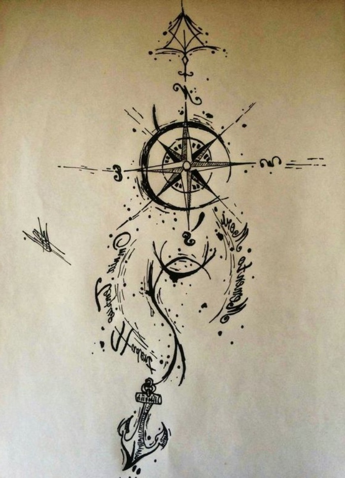 ein schwarzer kompass und anker - idee für einen tollen compass tattoo, die ihnen sehr gut gefallen könnte