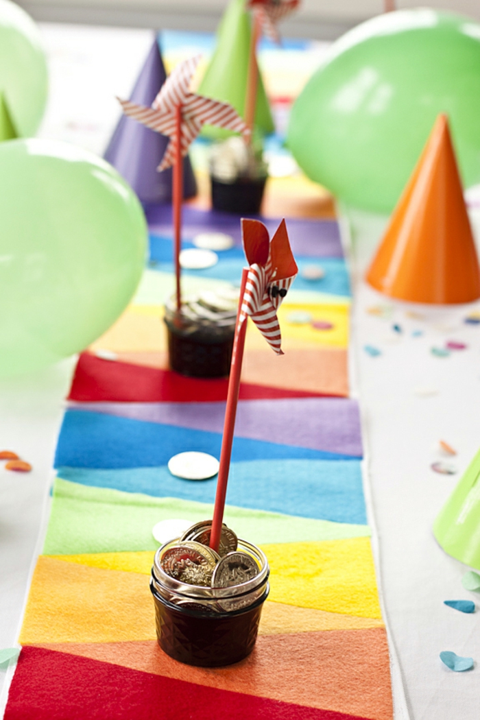 tischläufer in den regebogen-farben, kindergeburtstag, kinderparty, partydeko