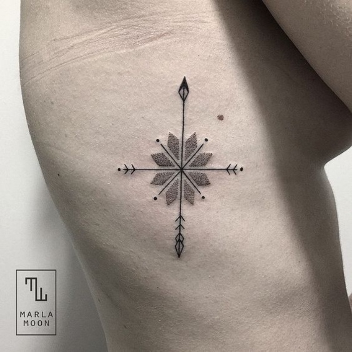 idee für einen kleinen winzigen schwarzen tattoo mit einem schwarzen kompass für eine junge frau