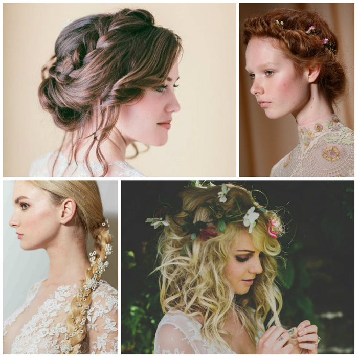 vier Beispiele für Hochzeit Haarein vintage Stil mit Blumen als Haarschmuck