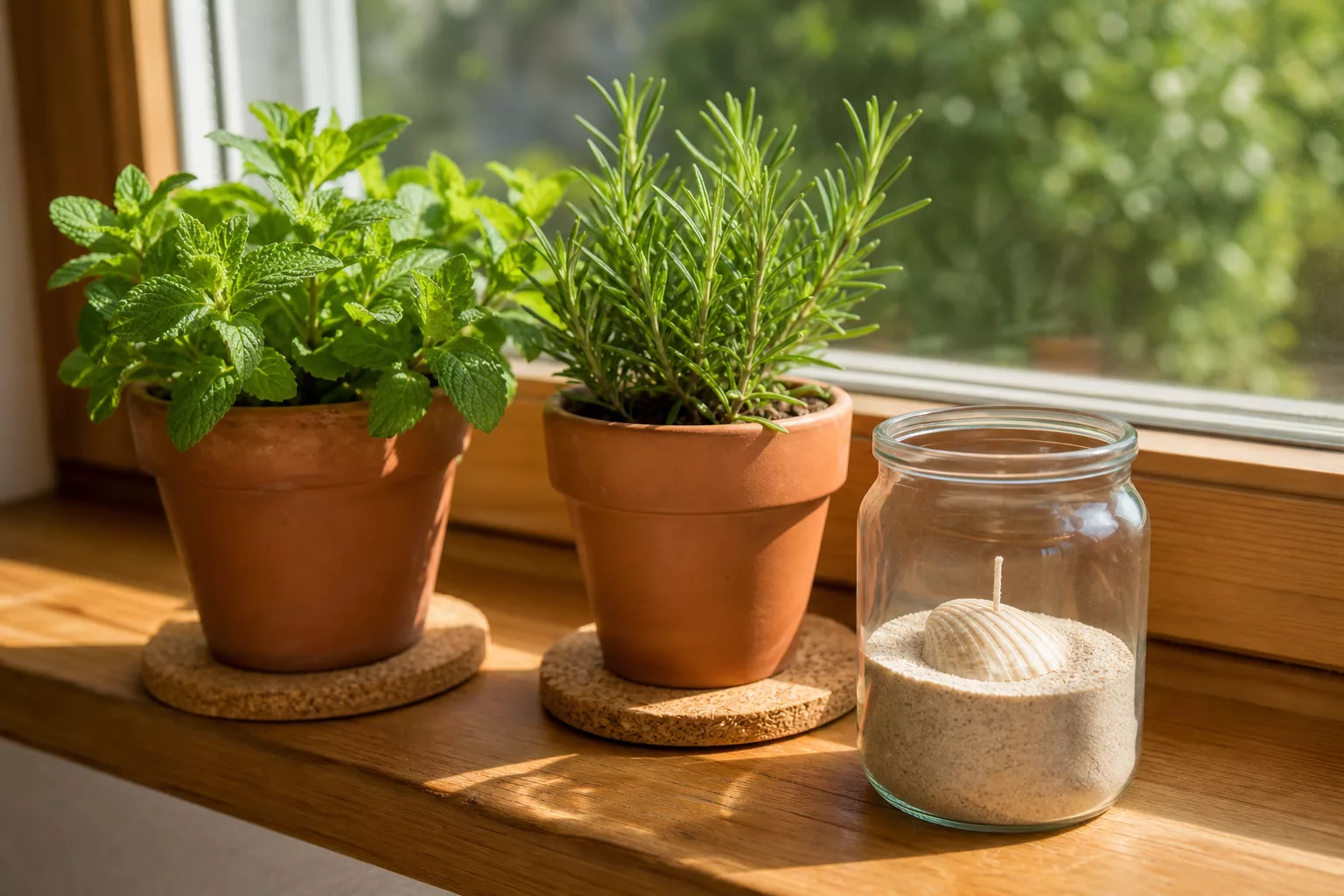Kräutertöpfe auf Korkuntersetzern neben einem Windlicht aus Altglas mit Sand