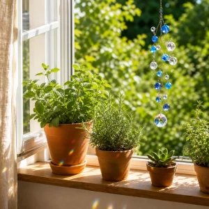 Fensterdeko Sommer, Sonnenfänger aus Glasperlen an sonniger Fensterbank mit Kräutern