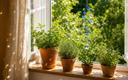 Fensterdeko Sommer, Sonnenfänger aus Glasperlen an sonniger Fensterbank mit Kräutern