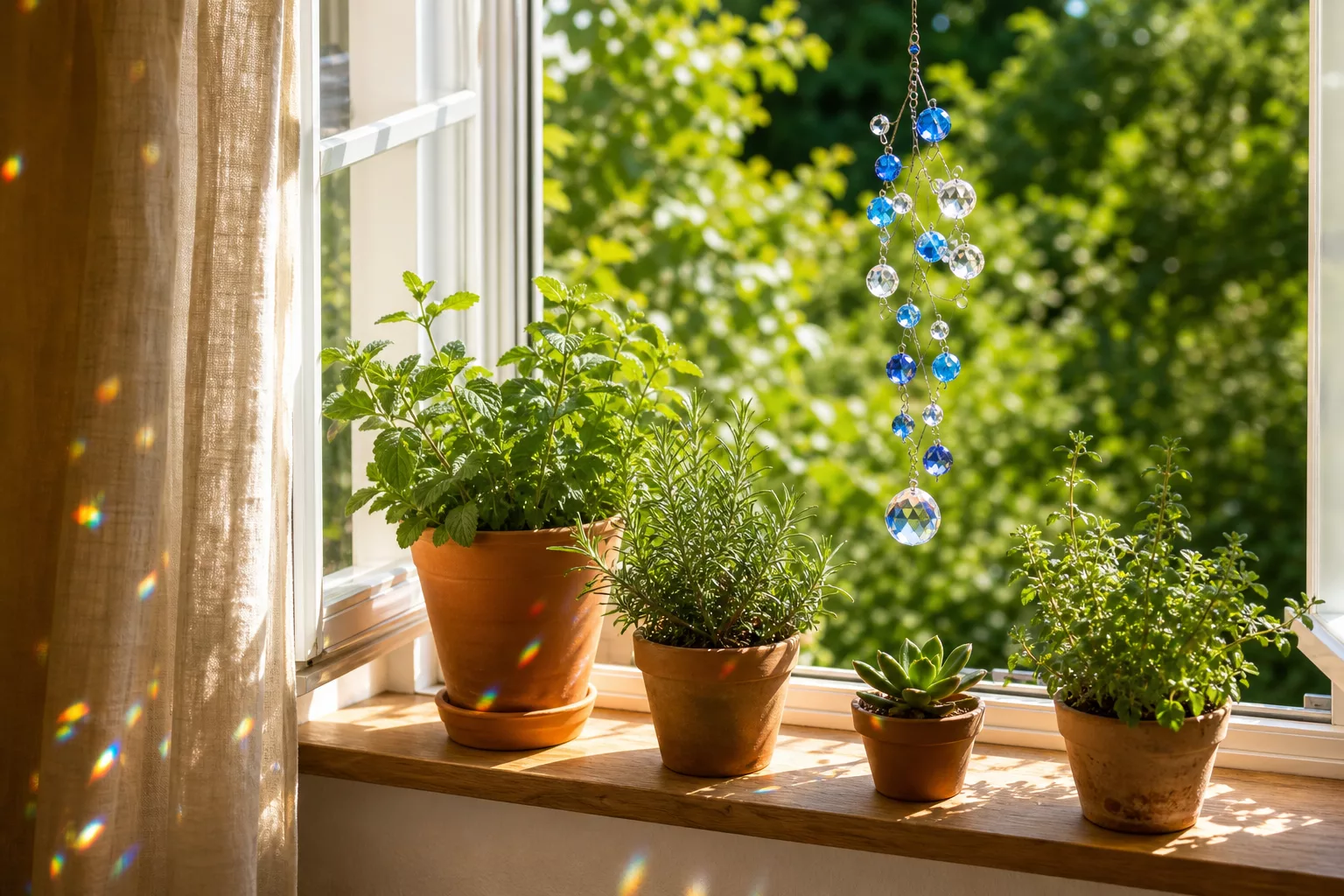 Fensterdeko Sommer, Sonnenfänger aus Glasperlen an sonniger Fensterbank mit Kräutern