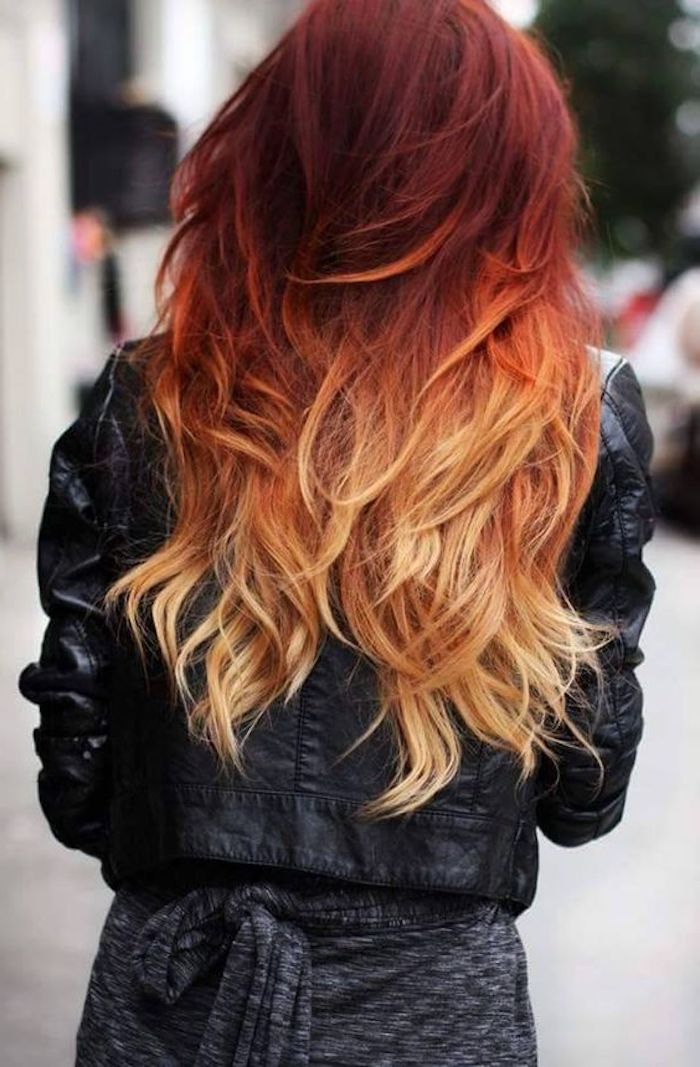 schöne frisuren, schwarze lederjacke, mittelllange rote haare, ombre effekt, moderne haarfarben