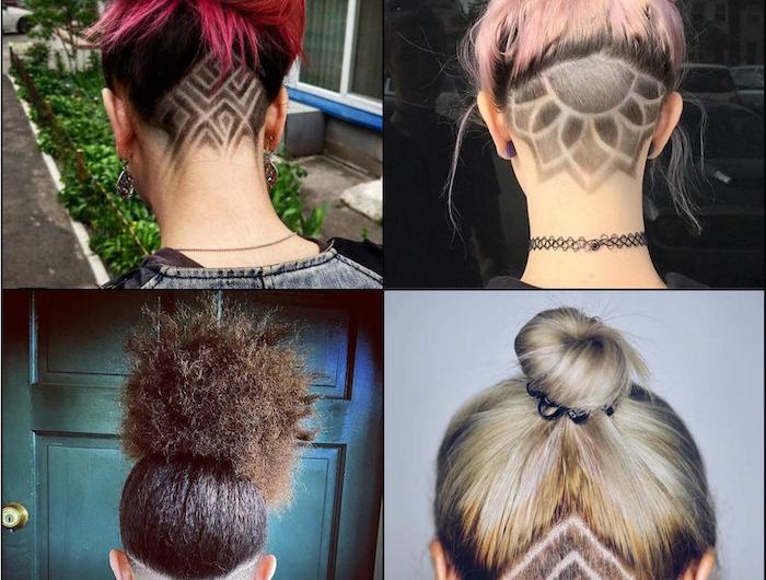 frisuren inspiration collage kurzhaarfrisuren damen undercut design mit linien und blumen formen freche frisuren für kurze haare