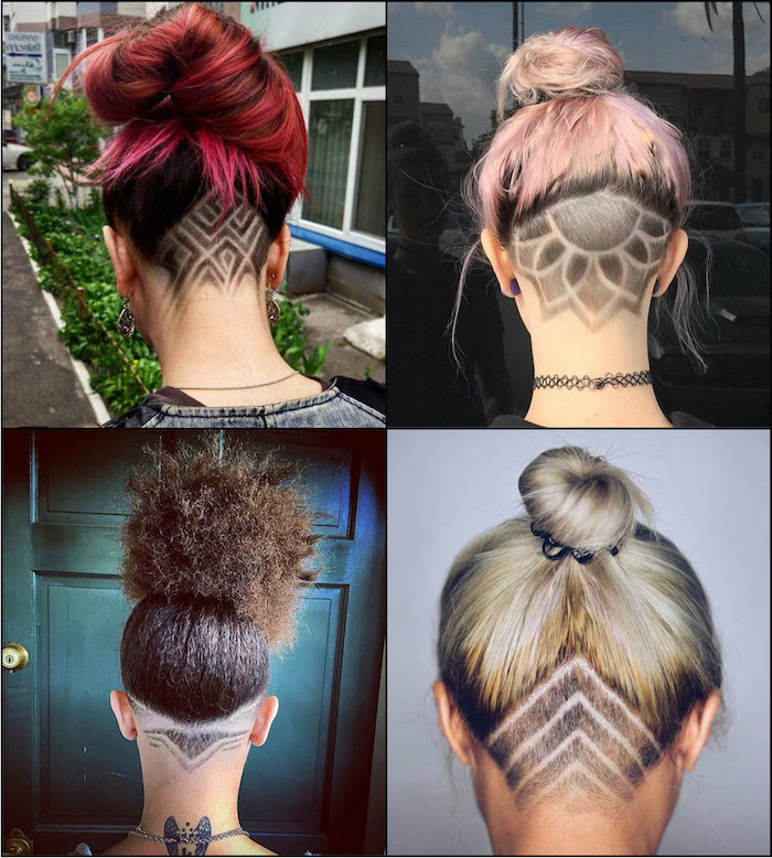 frisuren inspiration collage kurzhaarfrisuren damen undercut design mit linien und blumen formen freche frisuren für kurze haare 