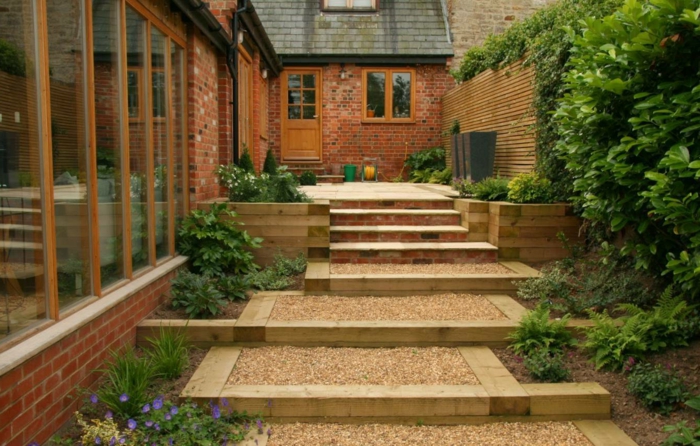 Moderne Gartengestaltung - grüne Pflanzen und Treppe mit Kies bedeckt