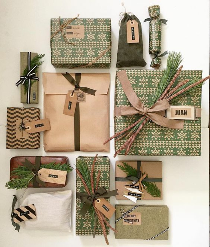 alle Familienmitglieder bekommen verschiedene gut verpackte Geschenke in grün und braun - Geschenke kreativ verpacken