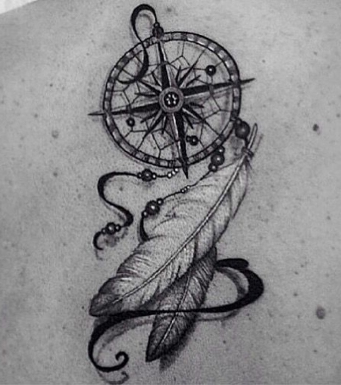 ein schwarzer tattoo mit einem kleinen schwarzen kompass und zwei schönen weißen langen federn