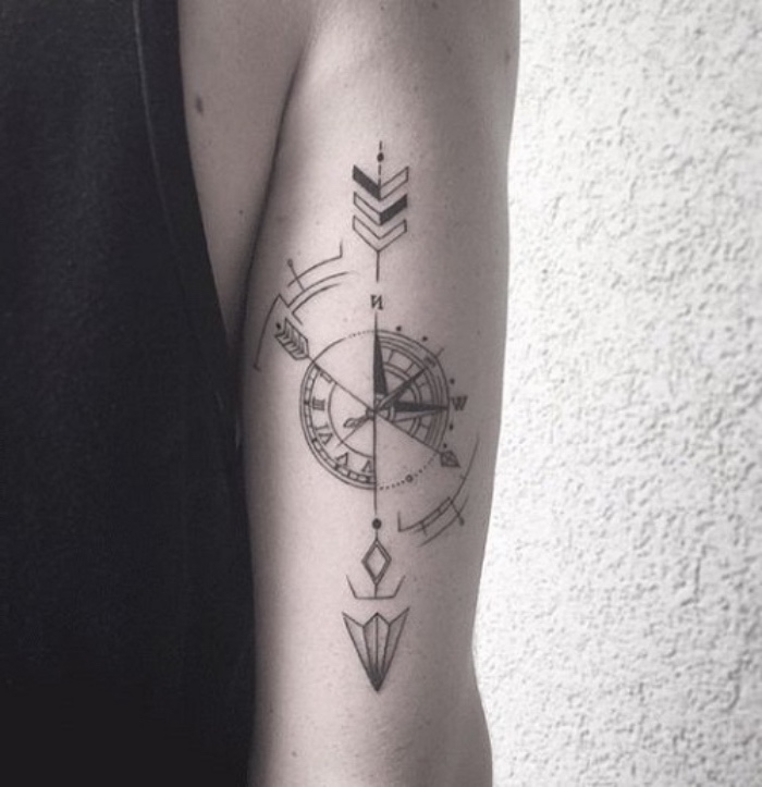 eine hand mit einem schwarzen tattoo mit einem schwarzen steampunk kompass mit einem langen Pfeil