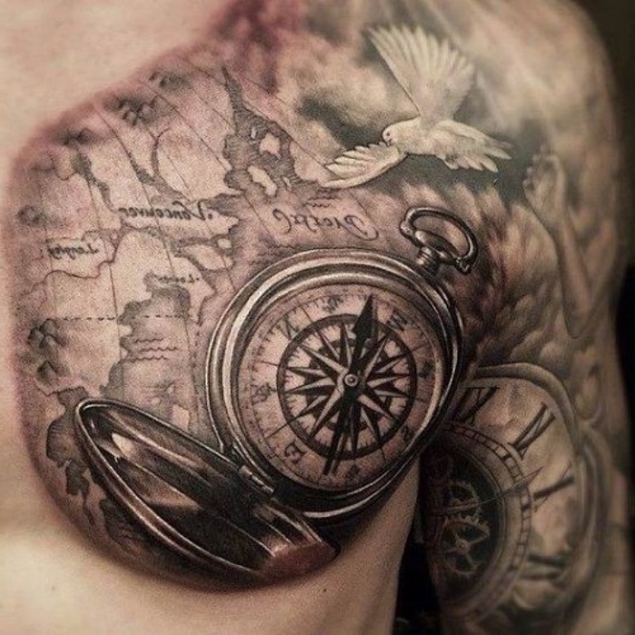 eine weiße taube, eine große weltkarte und ein großer schwarzer kompass - idee für einen compass tattoo für mann