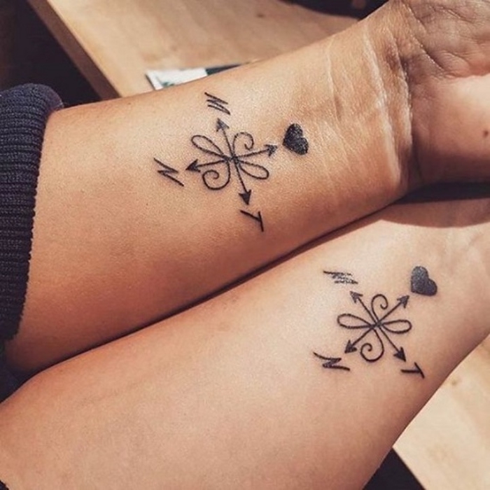 zwei hände mit zwei schwarzen tattoos mit kleinen schwarzen kompassen und schwarzen herzen auf dem handgelenk