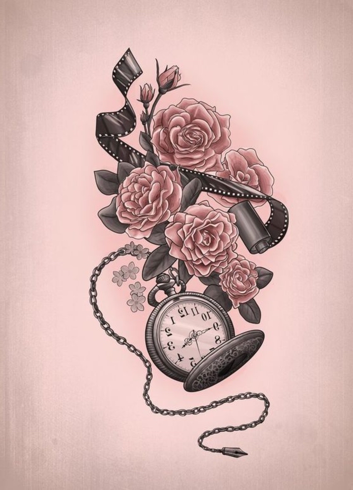 rosen tattoo vorlage - hier sind uhr und einige große pinke rosen mit grauen blättern 