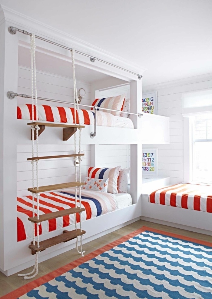 Schlafzimmer maritim kinder Einrichtung, Teppich blau weiß, Etagenbett mit Leiter, Bettwäsche in rot und weiß 