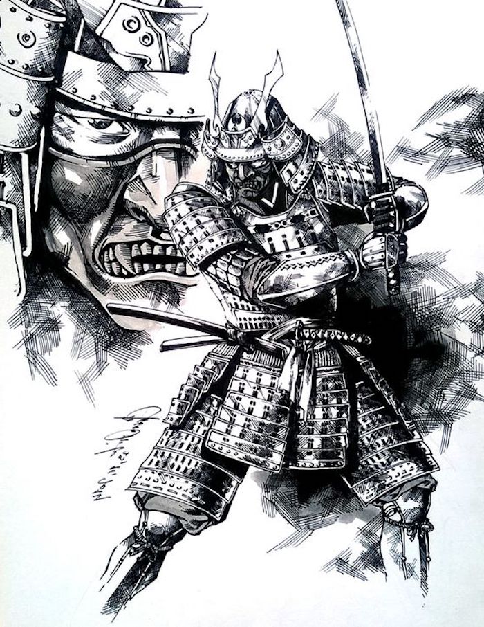 krieger tattoo vorlage, schwarz-weiße zeichnung, samurai
