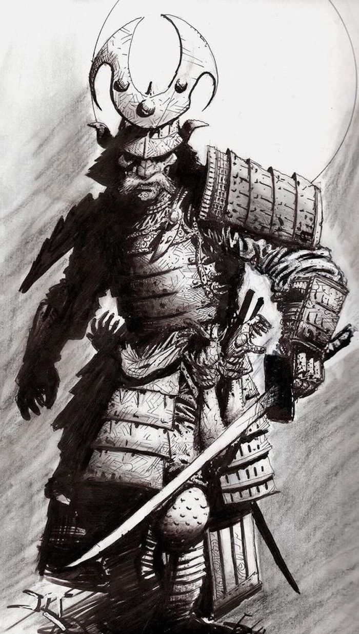 japanische krieger, schwarz-weiße zeichnung, helm, katana, ausrüstung