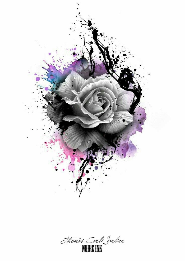 graue rose und bunte farben - rosen tattoo vorlage - idee für einen tattoo für die frauen 