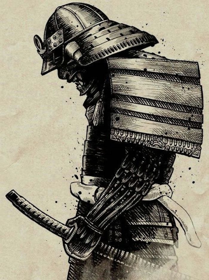 japanische krieger, schwarz-weiße zeichnung, tattoo vorlage, katana, helm, ausrüstung