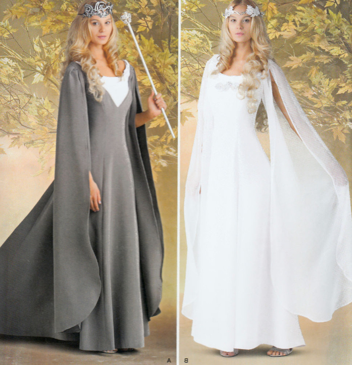 zwei Elfen Kostüme weißes und graues Kleid, zwei Diademen blondes Mädchen Kindheitshelden Kostüme