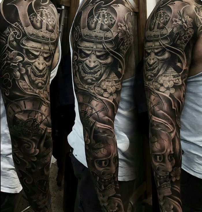 samurai tattoo, ärmel, tattooärmel in schwarz und grau