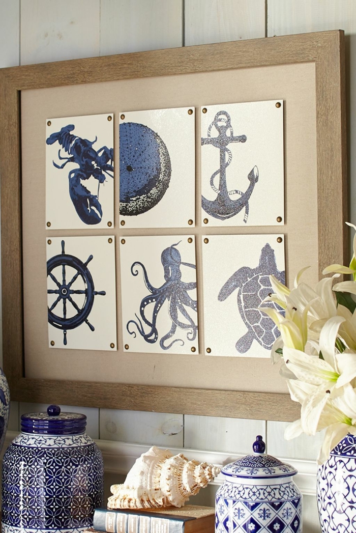 Küche maritime Wanddeko, kleine Bilder vom Hummer Anker Achtfüßsler und Sumpfschildkröte, Dosen in weiß und blau