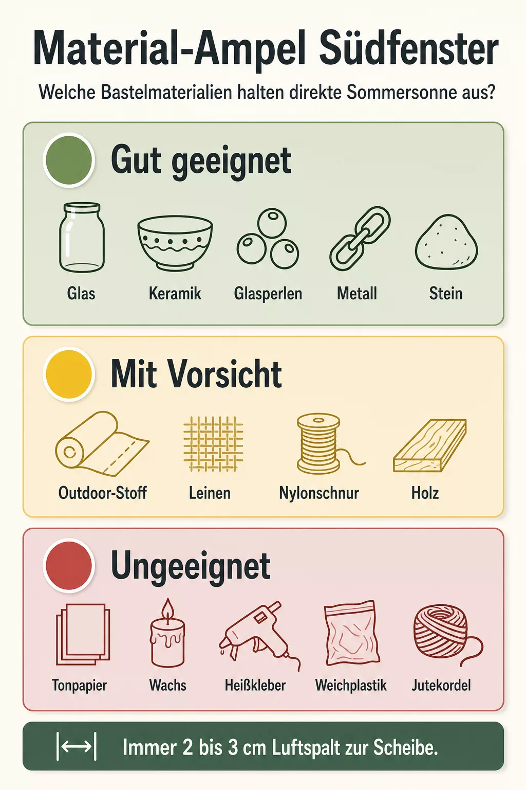 Infografik Material-Ampel für Fensterdeko am Südfenster in Grün, Gelb und Rot