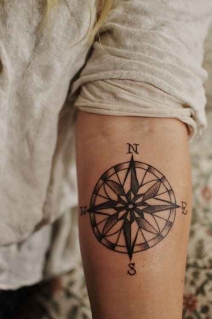 eine hand mit einem schwarzen tattoo mit einem schwarzen kompass