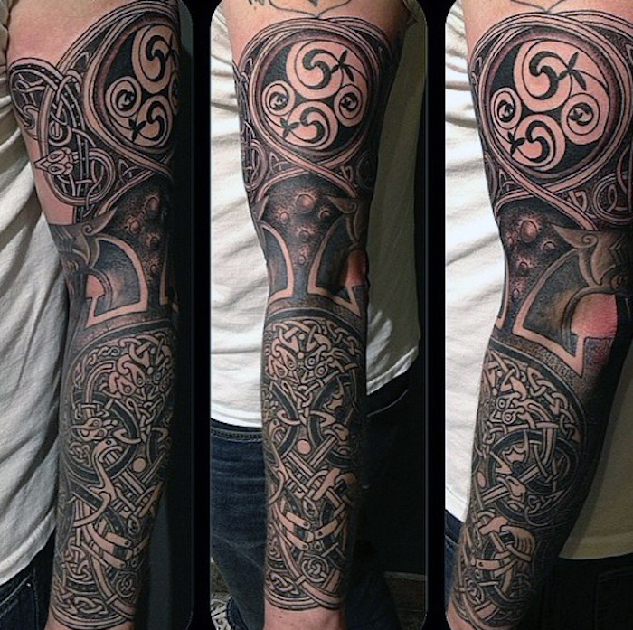 nordic tattoo mit vielen elementen, tattooärmel, ärmel