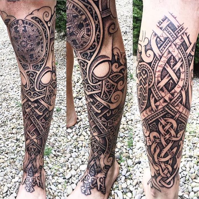 nordic tattoo, bein, beintattoo, tätowierung in schwarz und grau