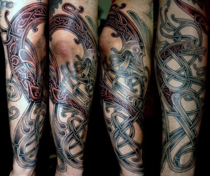 tattoo nordisch, tattooärmel mit vielen ornamenten, mann