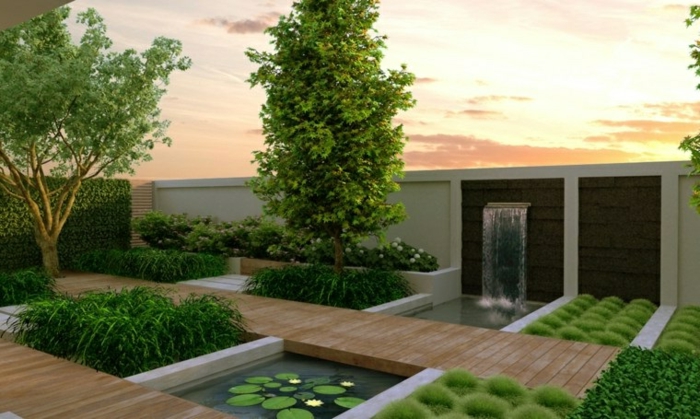 ein bildschönes Wasserspiel, Teich mit Seerosen und große Bäume - moderner Vorgarten